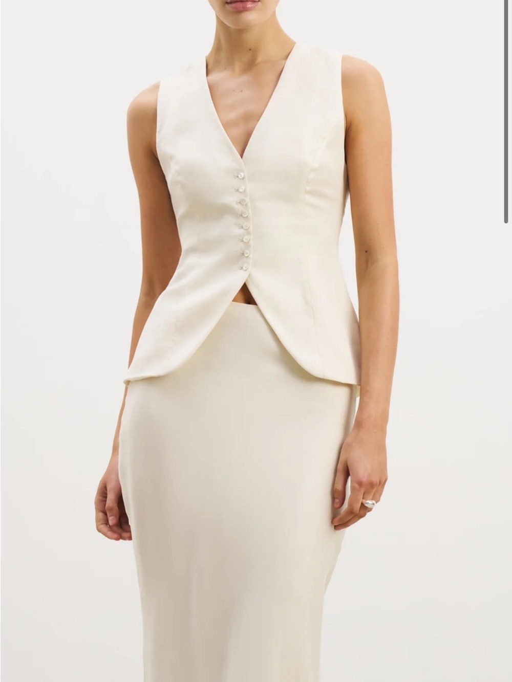 Sleeveless Cream V-Neck Buttoned Top and Skirt Set